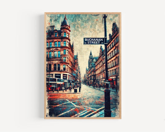 Buchanan Street Wall Art Print - Glasgow Travel Poster, Scotland Gift, Housewarming Decor, Scottish Cityscape Illustration