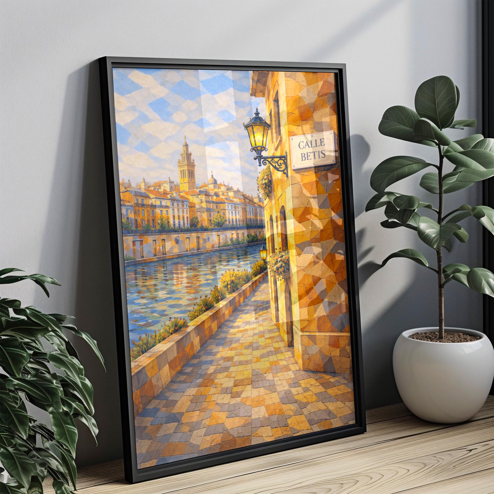 Calle Betis Oil Painting Art Print: Seville Riverside Flamenco District Travel Poster