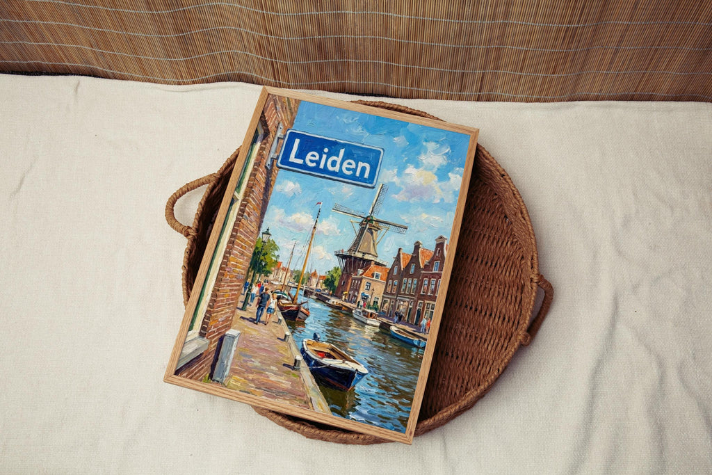 Leiden Oil Painting Art Print: Netherlands Canal Street Sign Travel Poster