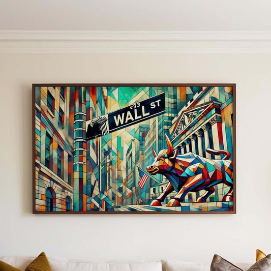 Wall Street Wall Art Cubism Print - Manhattan Financial District Travel Poster, Modern Housewarming Gift, Urban Office Decor