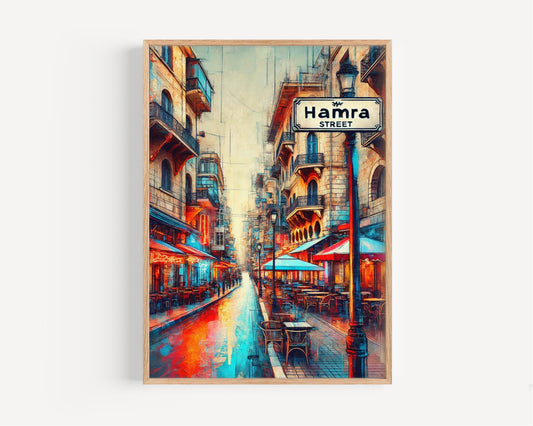 Hamra Street Wall Art Print - Beirut Lebanon Travel Poster, Lebanon Gift & Housewarming Decor, Modern Cityscape Illustration