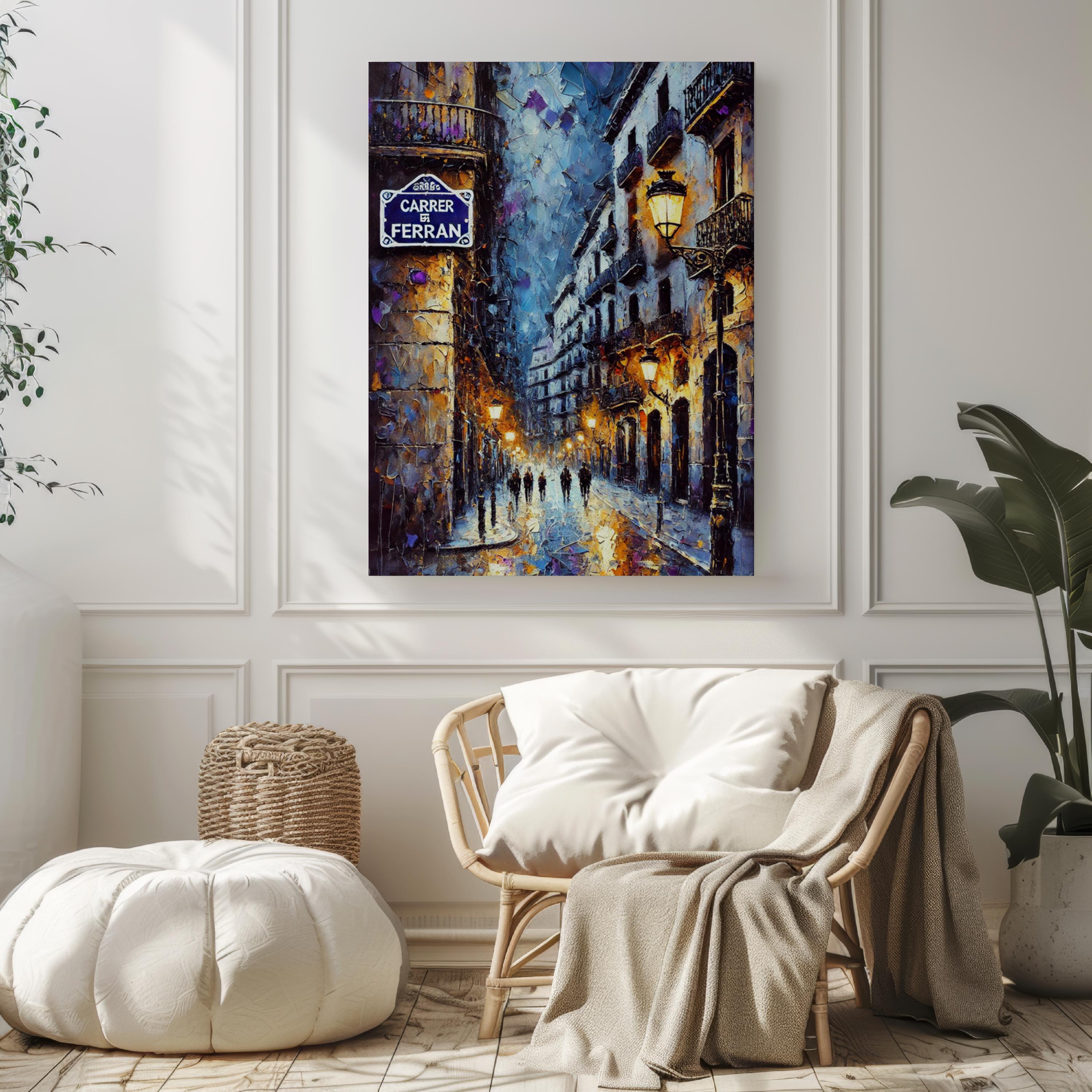 Carrer de Ferran Oil Painting Art Print: Barcelona Spain Street Sign Travel Poster