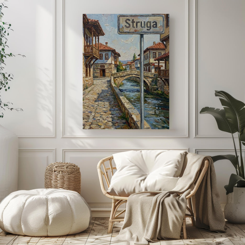 Struga Oil Painting Art Print: North Macedonia Street Sign Travel Poster