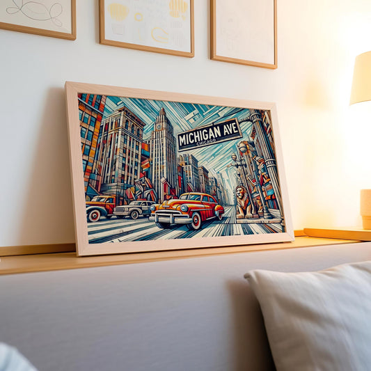 Michigan Avenue Wall Art - Cubism Chicago Print, Illinois Travel Poster, Modern Michigan Gift, Housewarming Decor, Unique Cityscape Artwork