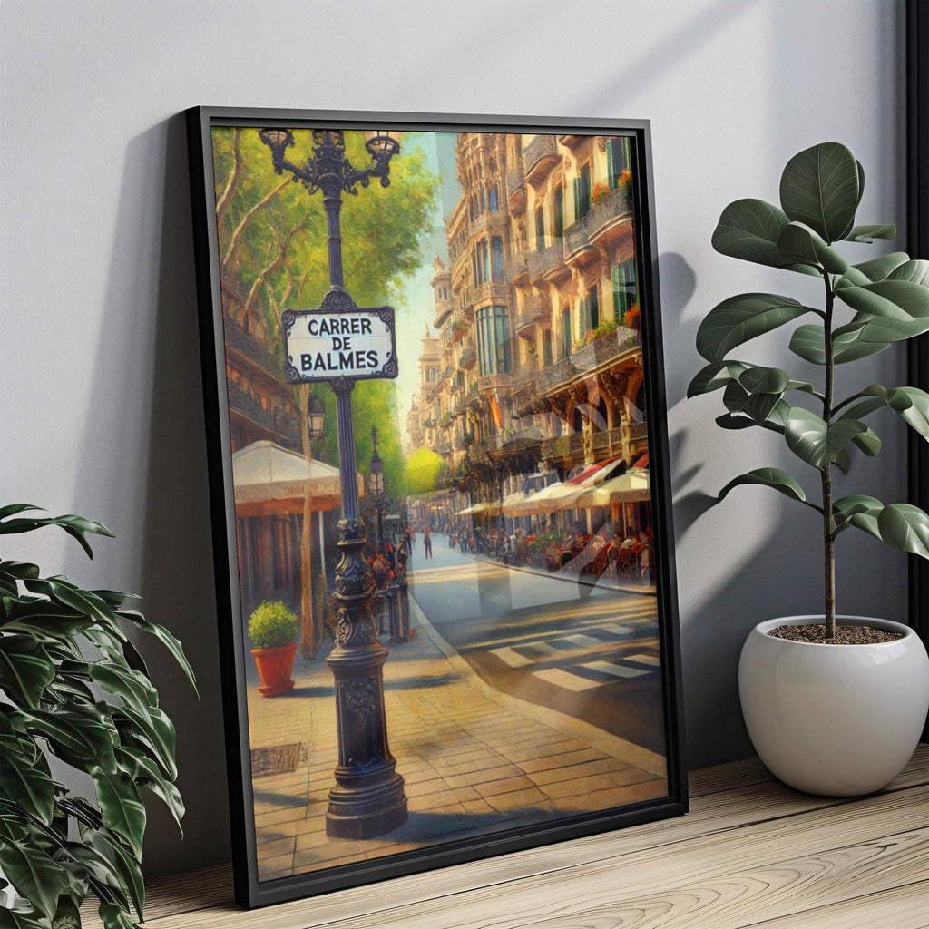 Barcelona Carrer de Balmes Wall Art Print - Travel Poster & Spain Gift - Rustic Housewarming Decor, Barcelona Cityscape Illustration