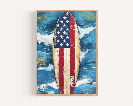 Surfing Artwork USA Wall Art Patriotic Beach House Decor Summer Poster United States Coastal Home Art