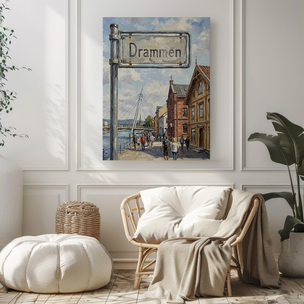 Drammen Oil Painting Art Print: Norway Riverside Street Sign Travel Poster