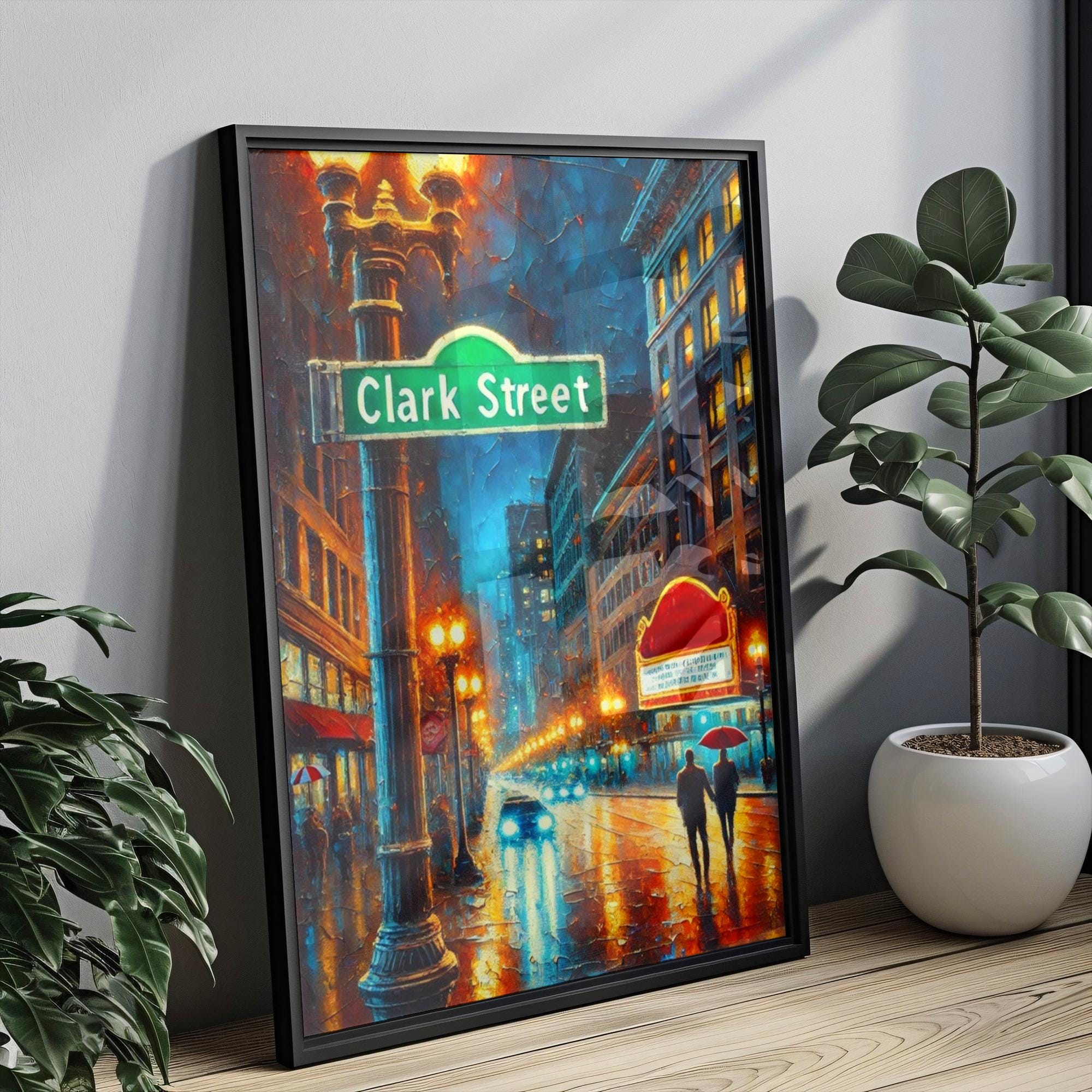 Clark Street Oil Painting Art Print: Chicago Street Sign Travel Poster