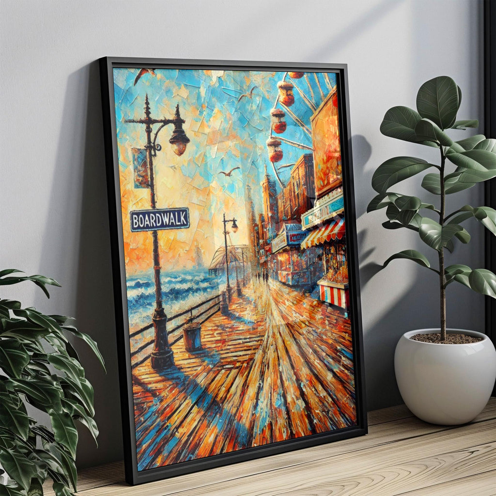 Boardwalk Oil Painting Art Print: Atlantic City Seaside Promenade Travel Poster