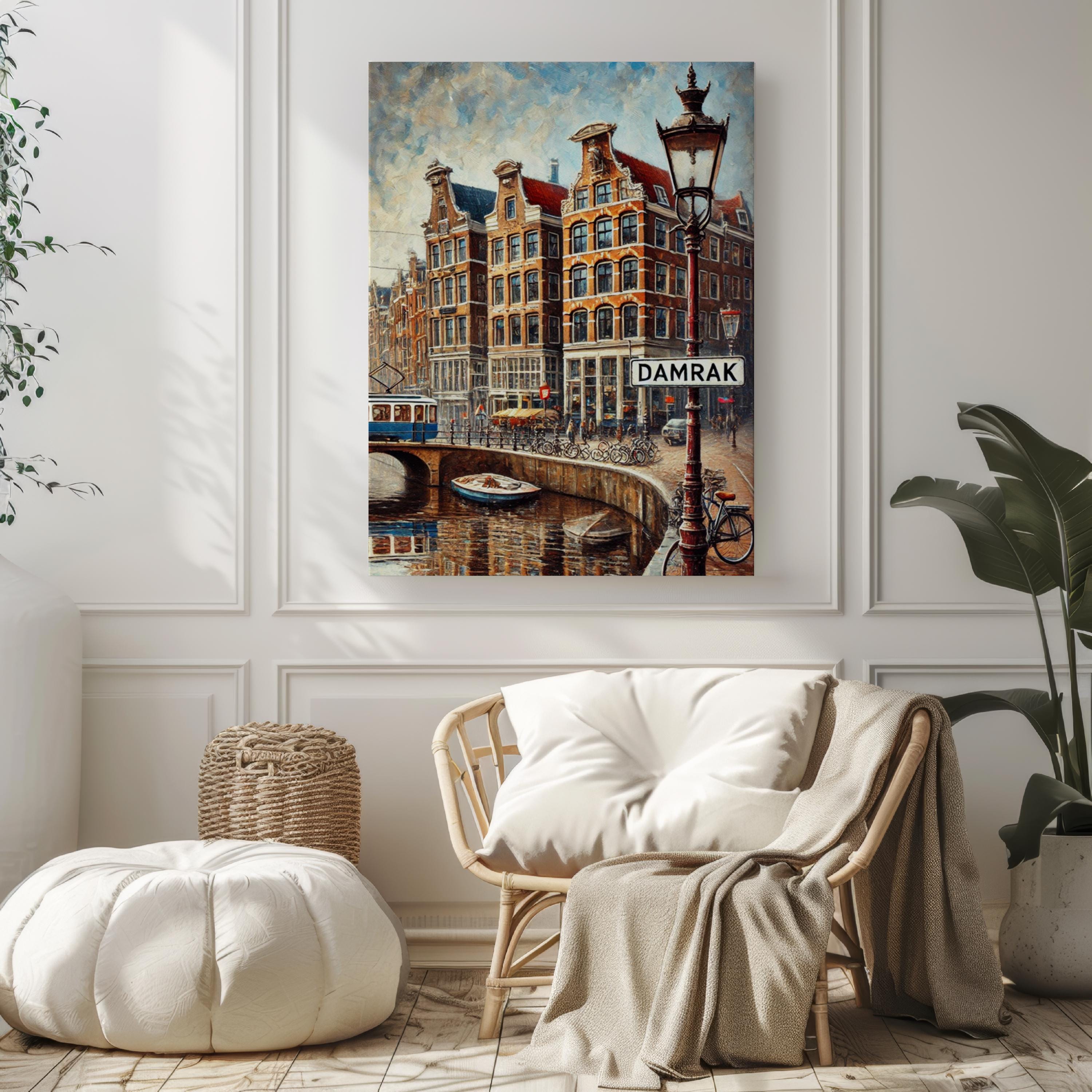 Damrak Oil Painting Art Print: Amsterdam Netherlands Street Sign Travel Poster