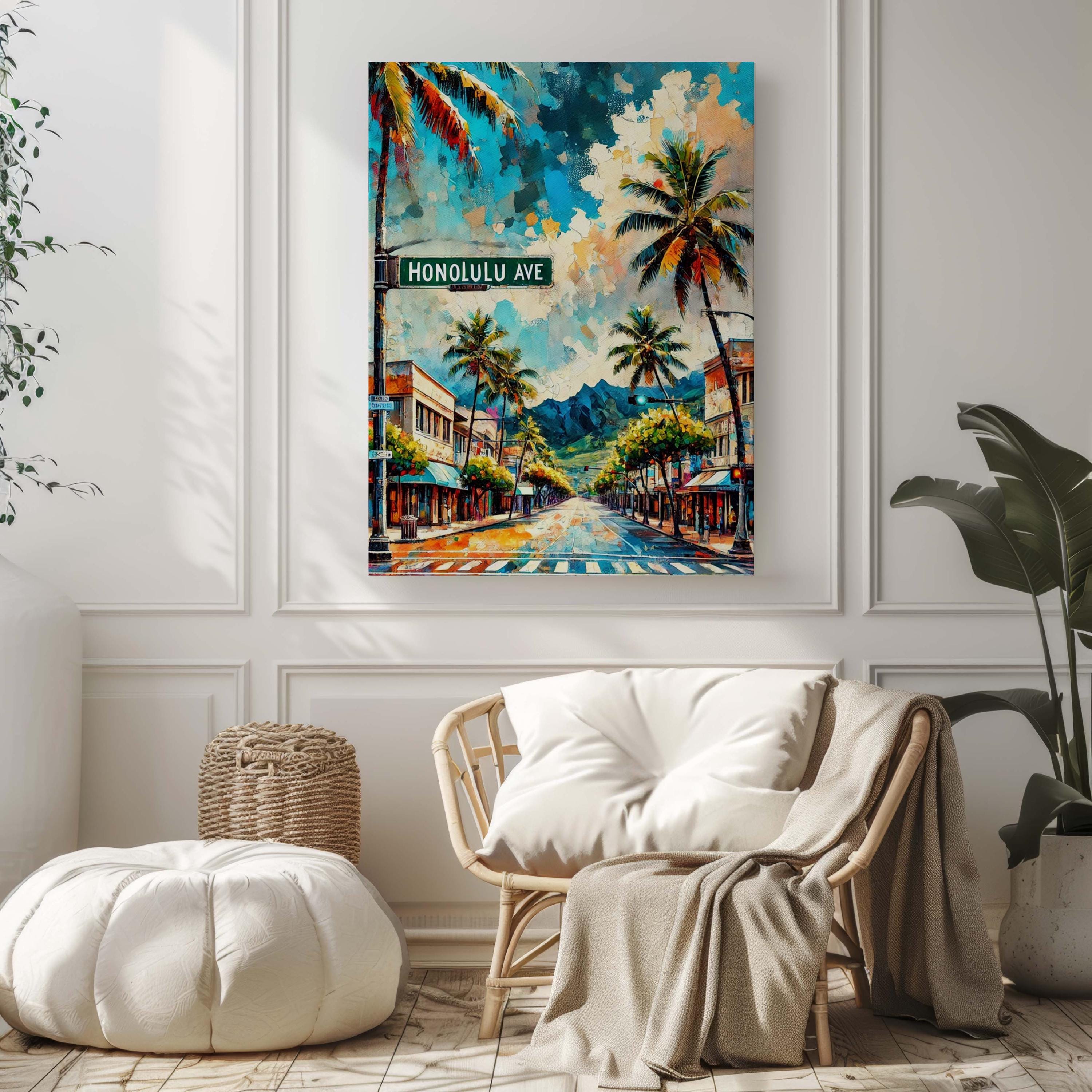 Honolulu Ave Print - Oahu Art Travel Poster, Hawaii Wall Art, Honolulu Gift, Housewarming Decor, Tropical Travel Print