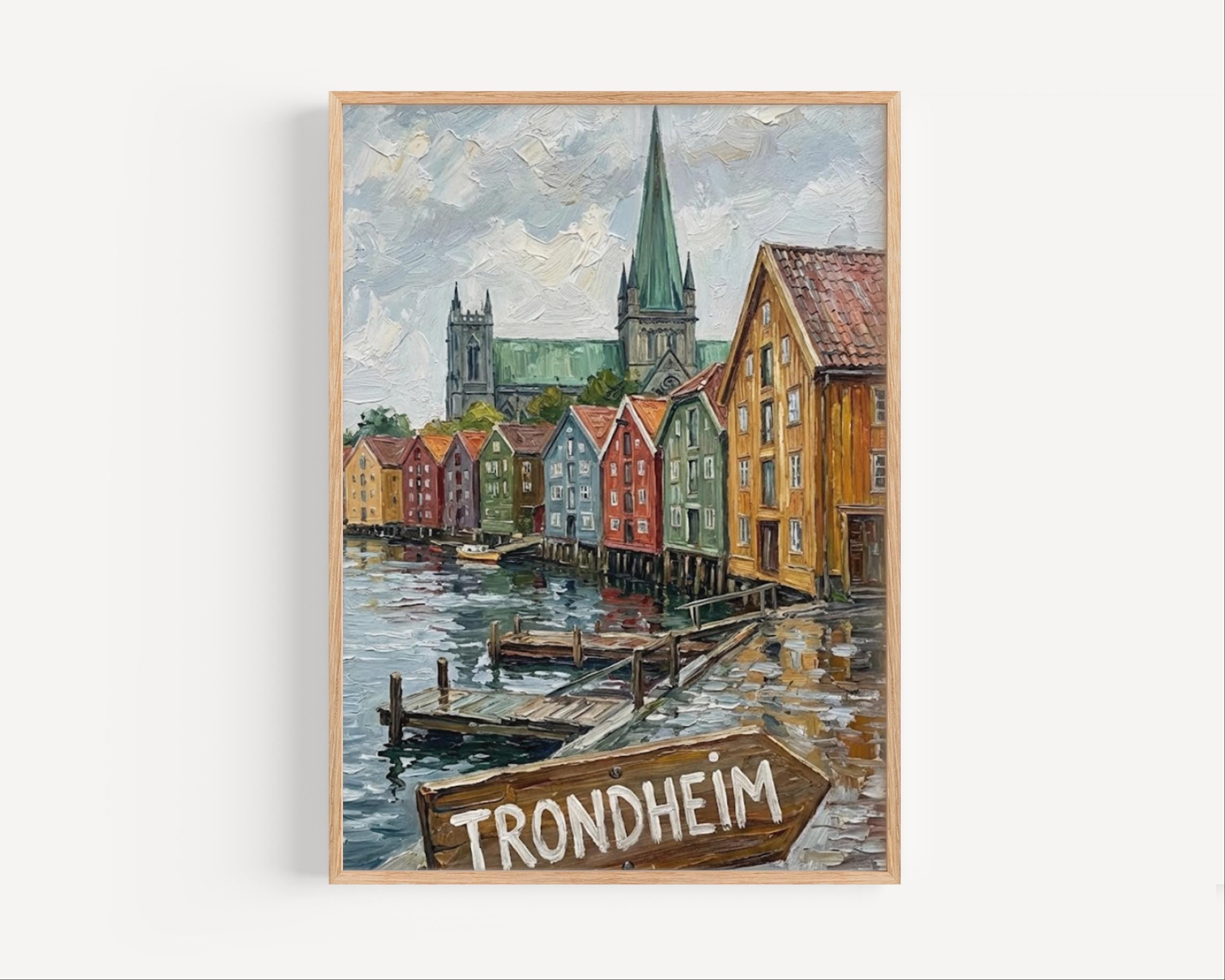 Trondheim Oil Painting Art Print: Norway Harbor Street Sign Travel Poster