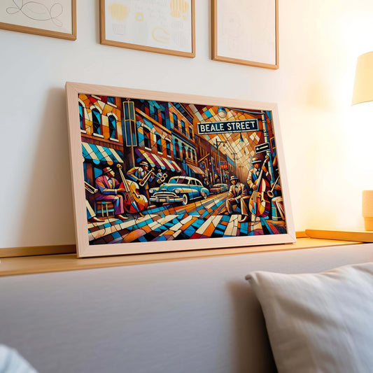 Beale Street Wall Art Cubism Print - Memphis Tennessee Travel Poster, Modern Housewarming Gift, Unique Cityscape Decor