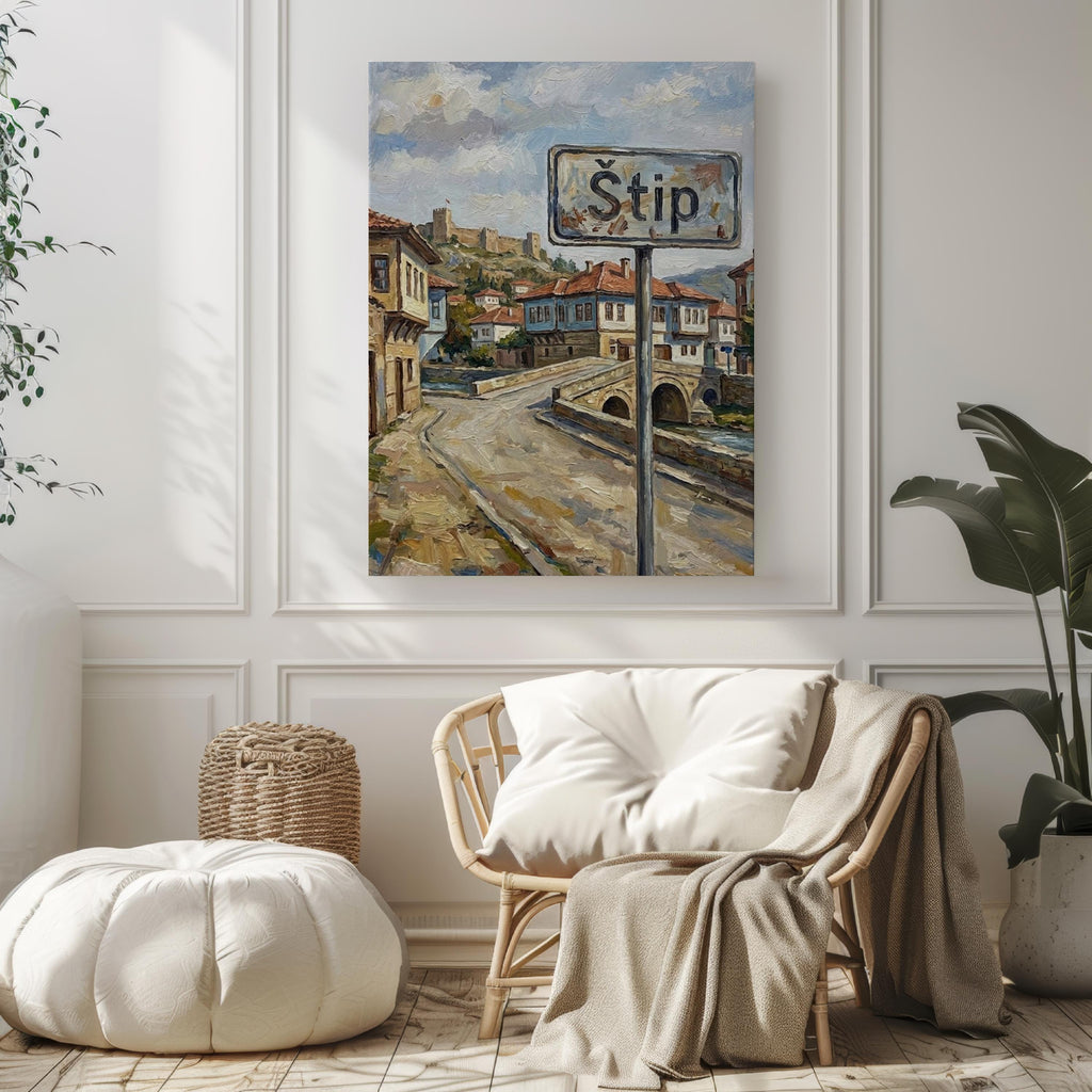 Stip Oil Painting Art Print: North Macedonia Street Sign Travel Poster
