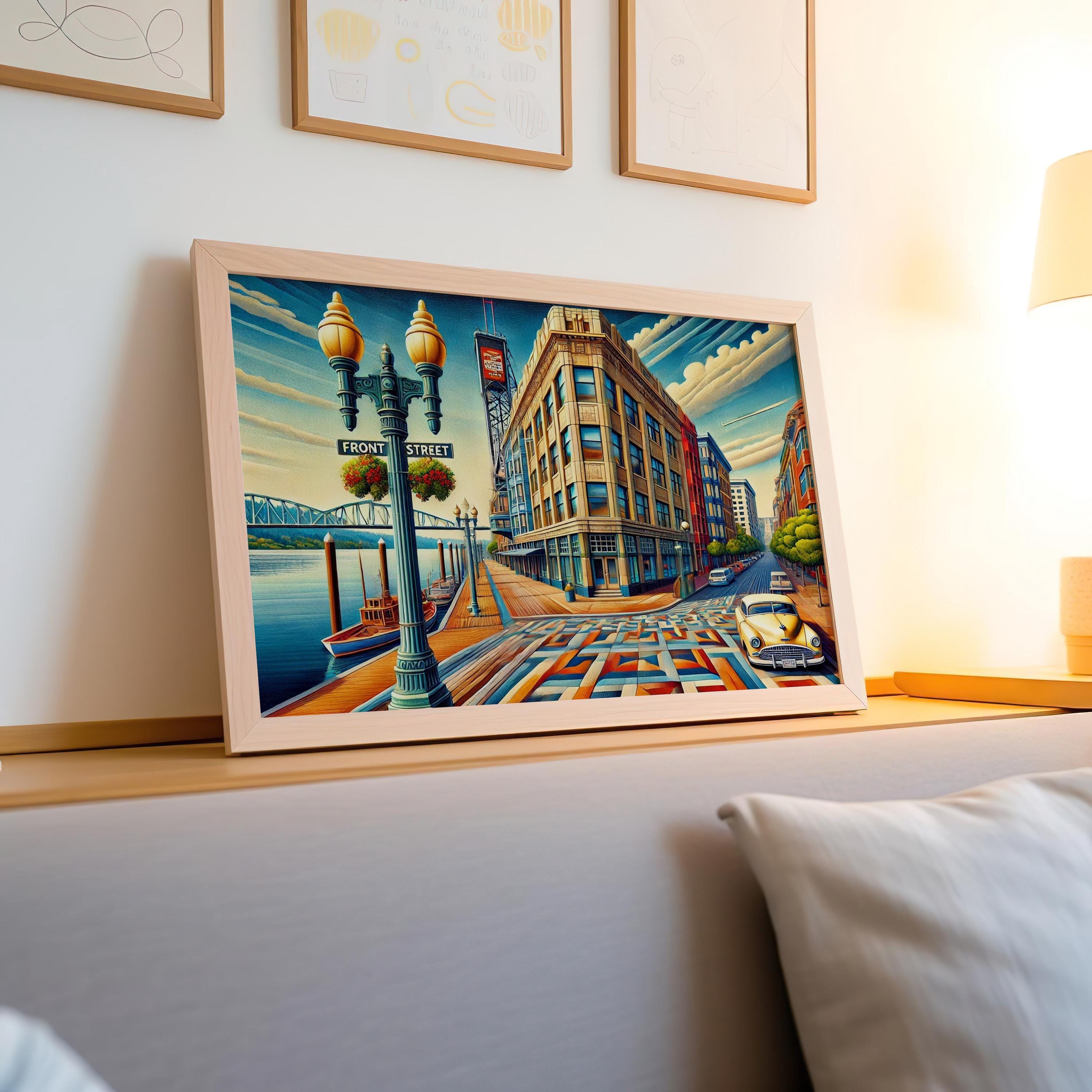 Front St Cityscape Cubist Print - Portland, Oregon, USA