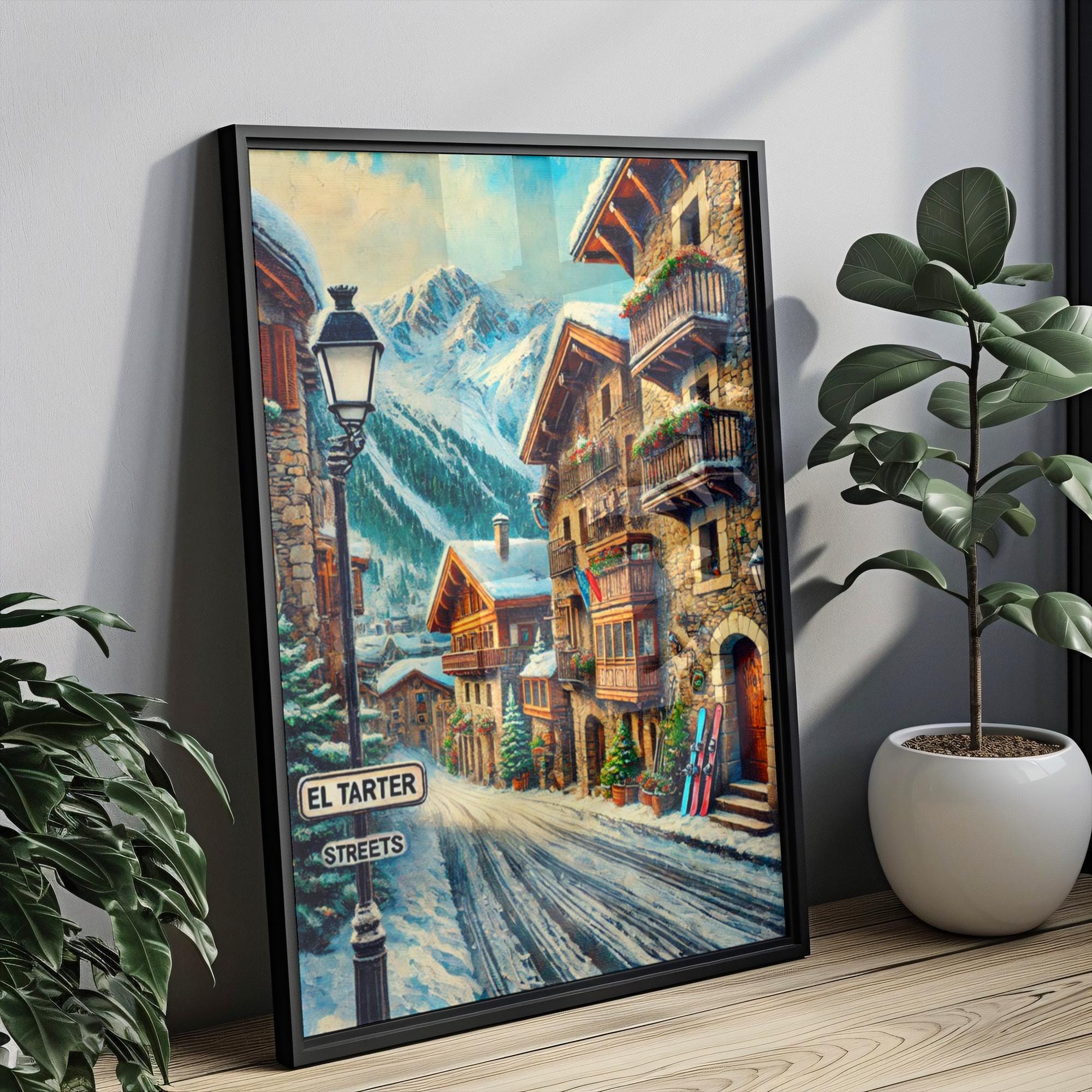 El Tarter Oil Painting Art Print: Andorra Mountain Street Sign Travel Poster