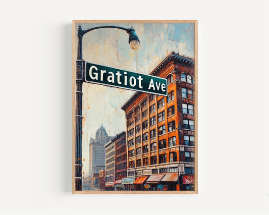 Detroit Gratiot Ave Wall Art - Michigan Travel Print, Detroit Gift & Decor, Housewarming Poster, City Map Illustration