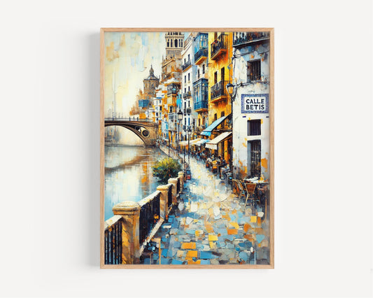 Calle Betis Wall Art, Seville Print, Spain Travel Poster, Andalusian Street Scene, Riverside Cityscape, Gift for Travelers, Fine Art Print