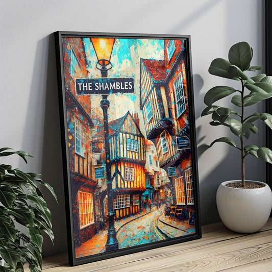 The Shambles Wall Art Print - York Travel Poster, UK Gift & United Kingdom Decor, Housewarming Present, Historic Street Illustration