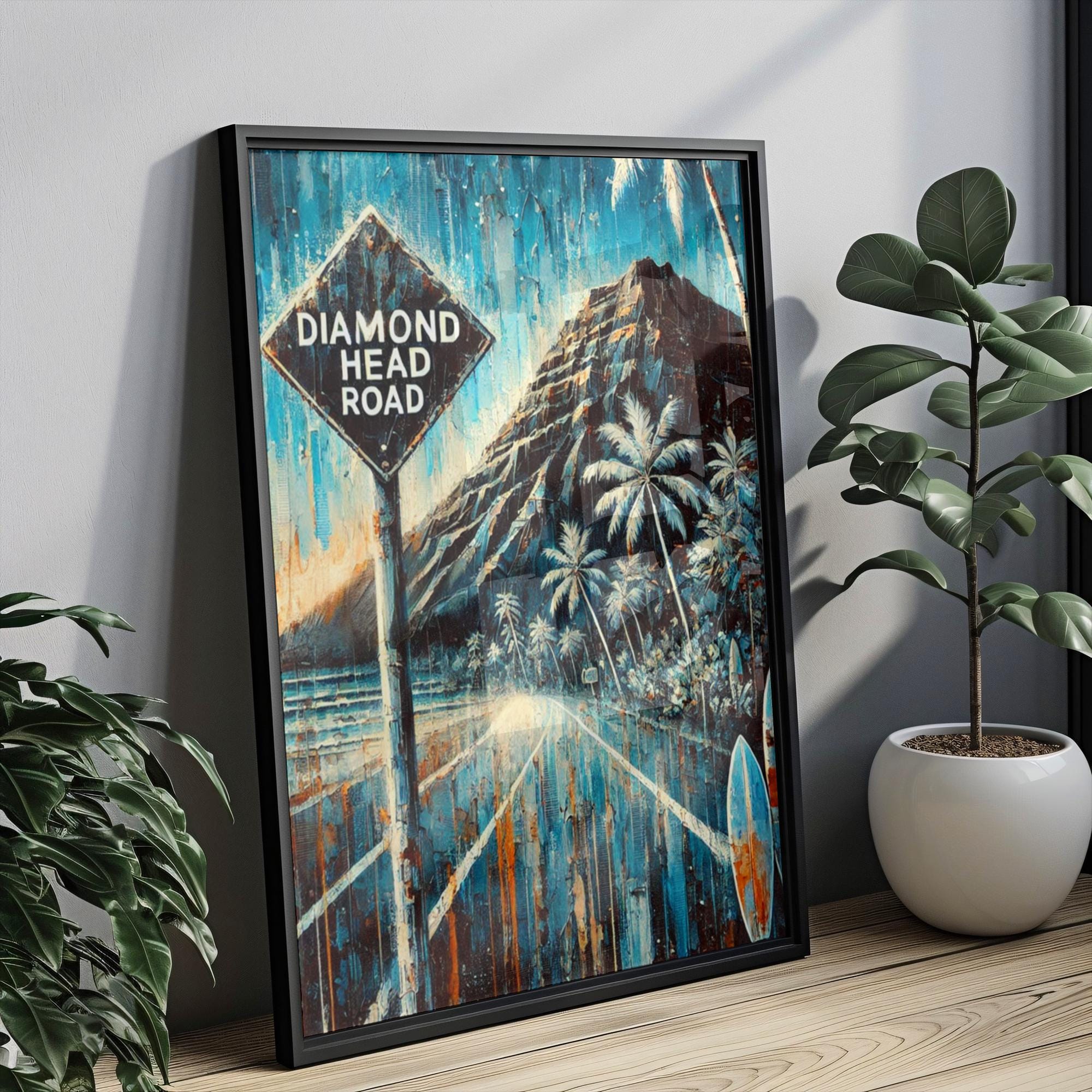 Diamond Head Road Oil Painting Art Print: Honolulu Hawaii Street Sign Travel Poster