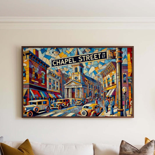 Chapel Street Wall Art Cubism Print, Stratford Connecticut Travel Poster, Modern Travel Gift, Housewarming Artwork, Unique Chapel Decor
