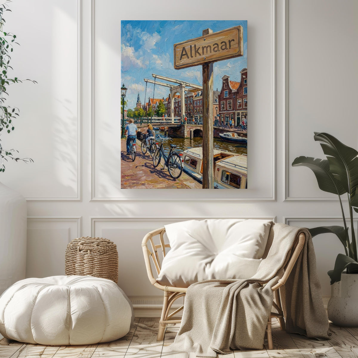 Alkmaar Oil Painting Art Print: Netherlands Canal Street Sign Travel Poster