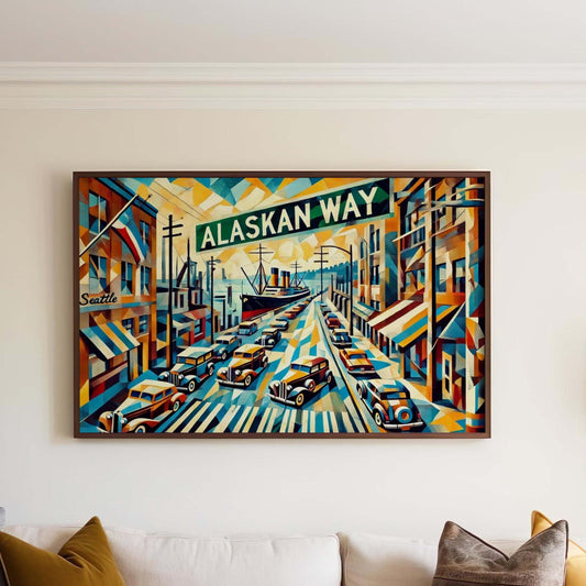 Alaskan Way Wall Art - Seattle Cubism Print, Travel Poster & Souvenir, Unique Housewarming Gift, Modern Alaskan Way Decor