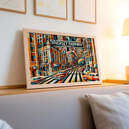Chicago Travel Poster Cubism Wall Art Print - Diversey Parkway Illinois Gift & Housewarming Decor