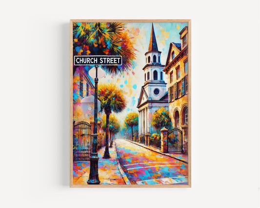 Charleston Church St Wall Art Print - South Carolina Travel Poster & Housewarming Gift - Charleston City Map Decor