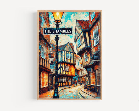The Shambles Wall Art Print - York Travel Poster, UK Gift & United Kingdom Decor, Housewarming Present, Historic Street Illustration