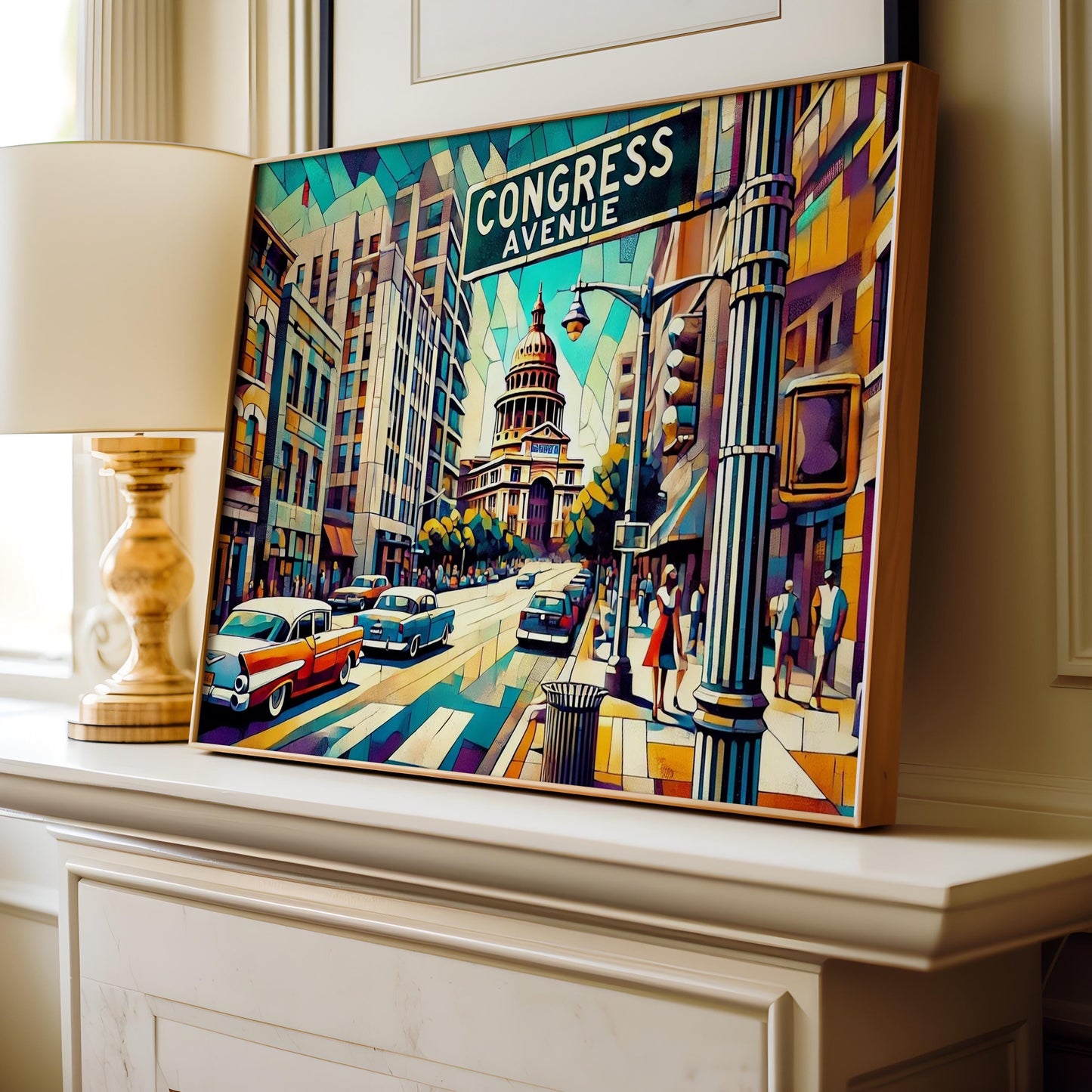 Congress Avenue Wall Art Cubism Print - Austin Texas Travel Poster, Housewarming Gift, Modern Geometric Decor