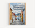 Haugesund Oil Painting Art Print: Norway Coastal Street Sign Travel Poster