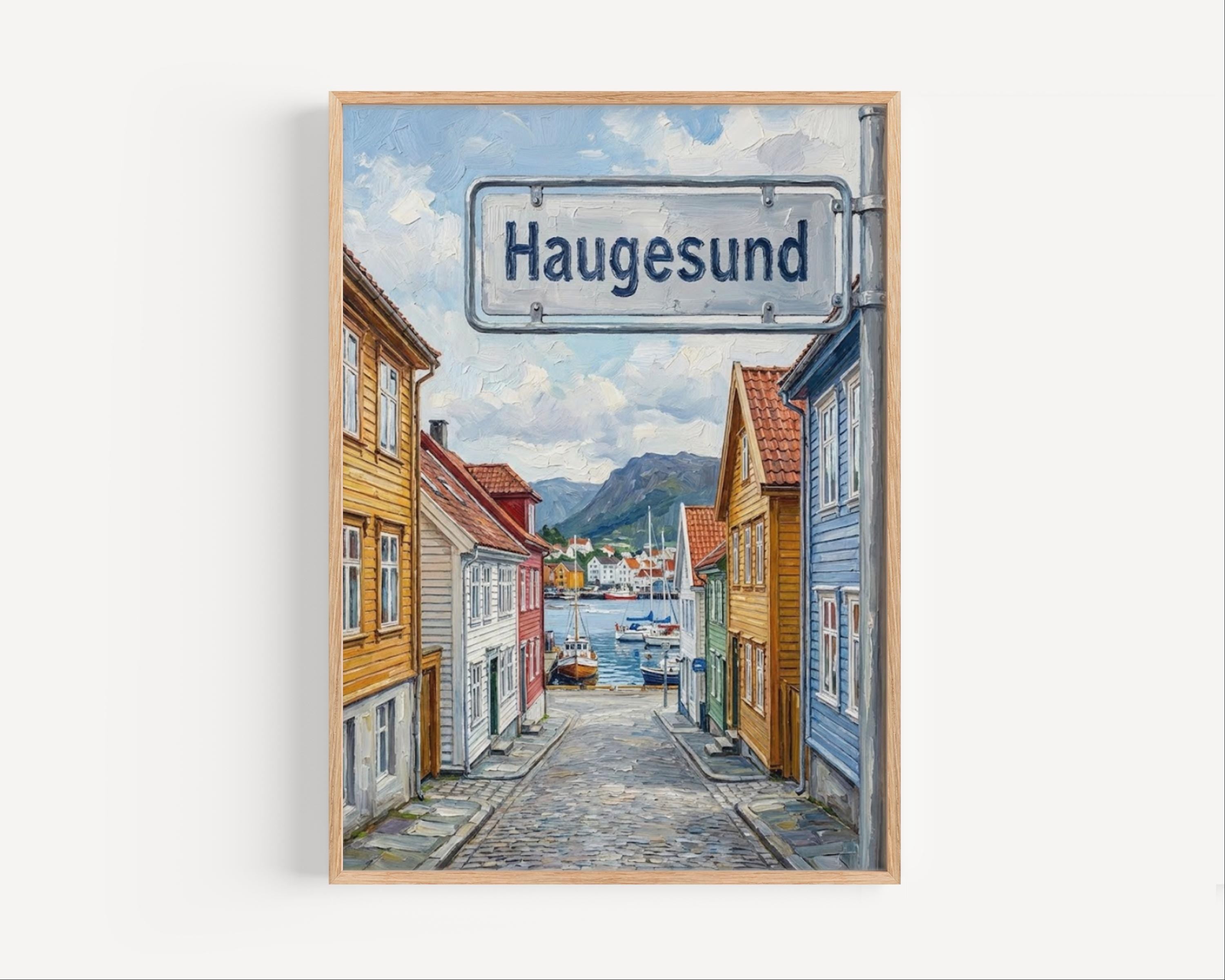 Haugesund Oil Painting Art Print: Norway Coastal Street Sign Travel Poster