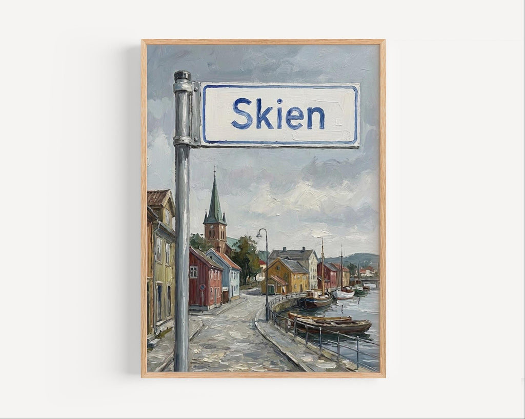 Skien Oil Painting Art Print: Norway Riverside Street Sign Travel Poster