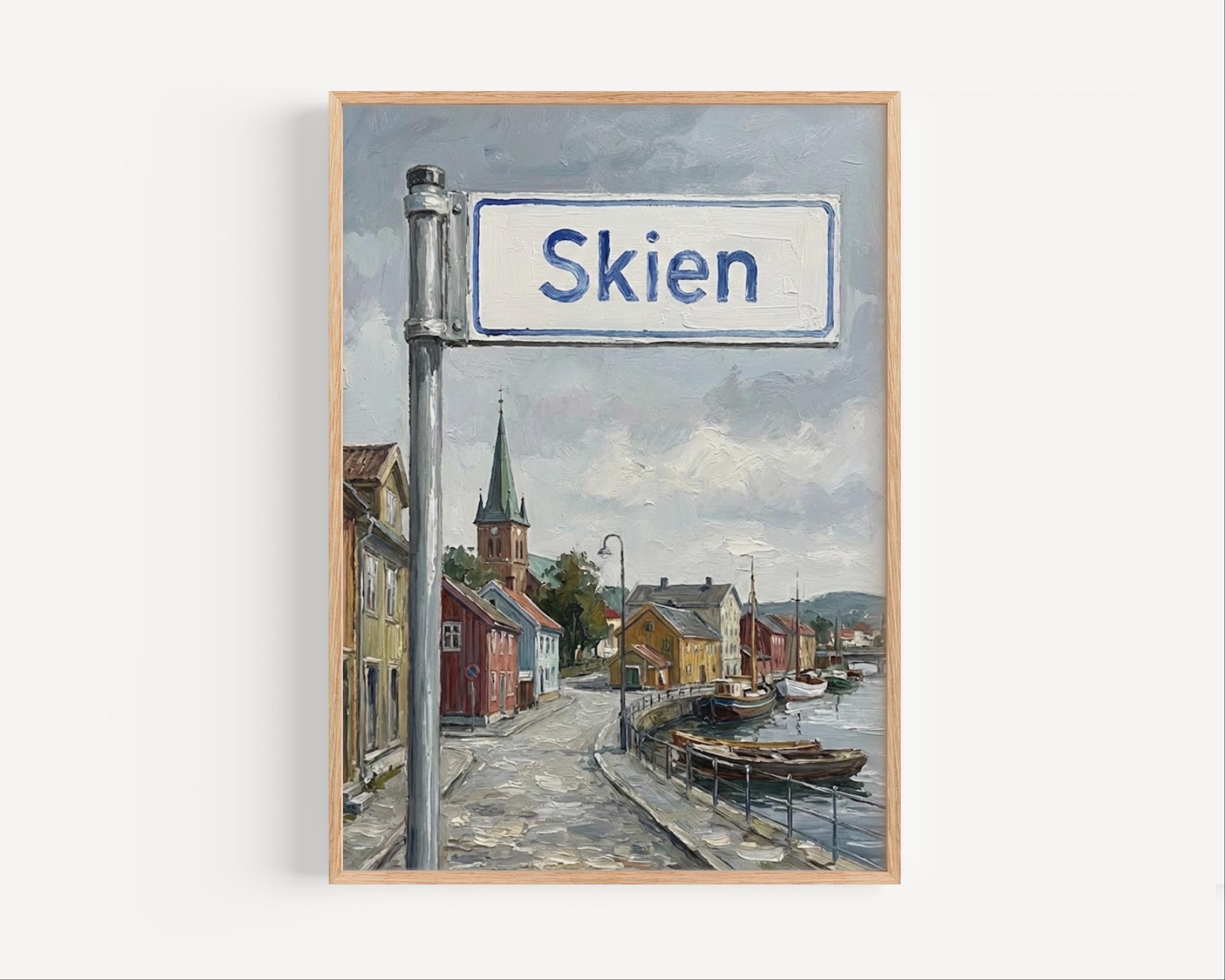 Skien Oil Painting Art Print: Norway Riverside Street Sign Travel Poster