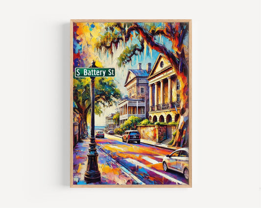 Charleston S Battery Wall Art Print - South Carolina Travel Poster Gift, Charleston Street Map, Coastal Home Decor