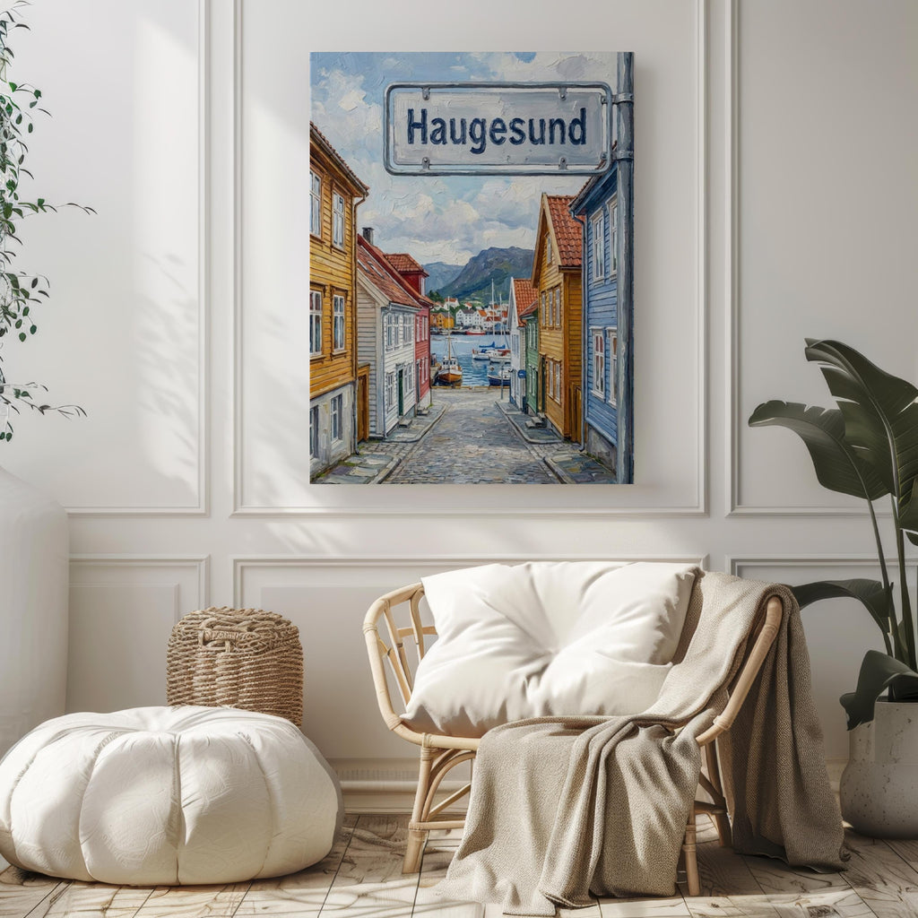 Haugesund Oil Painting Art Print: Norway Coastal Street Sign Travel Poster