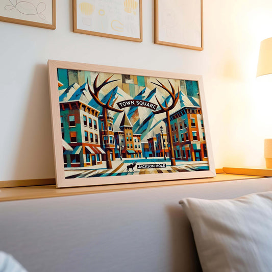 Town Square Print Jackson Hole Art Travel Poster Wyoming Wall Art Housewarming Gift Town Square Wall Art Decor