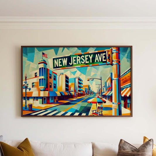 New Jersey Ave Print – Wildwood Travel Poster Wall Art, Beach House Gift, New Jersey Avenue Vintage Map Home Decor
