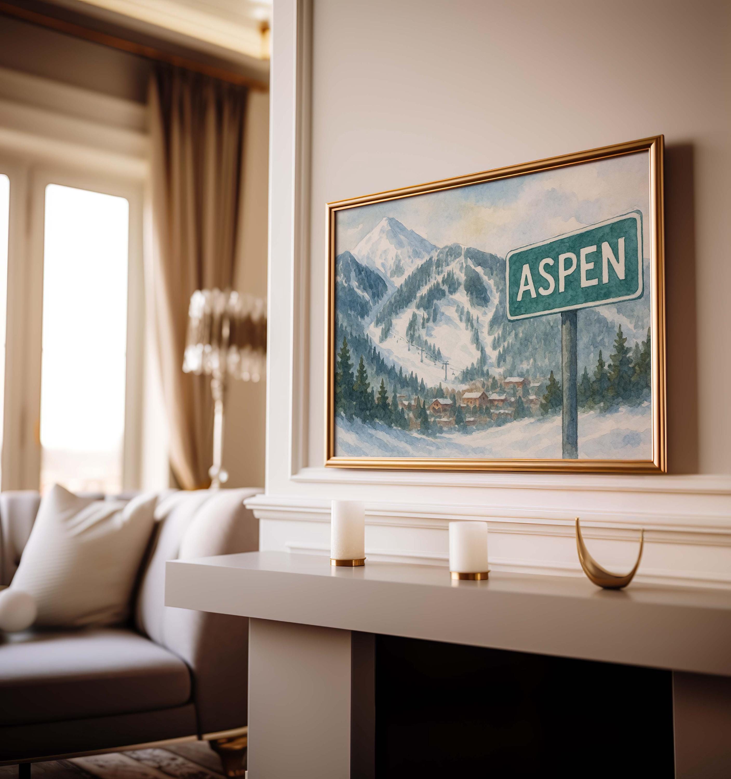 Aspen Mountain Poster, Ski Colorado Wall Art, Winter Decor, Mountain Landscape Print, Aspen Ski Resort Map, Snowy Mountain Wall Decor