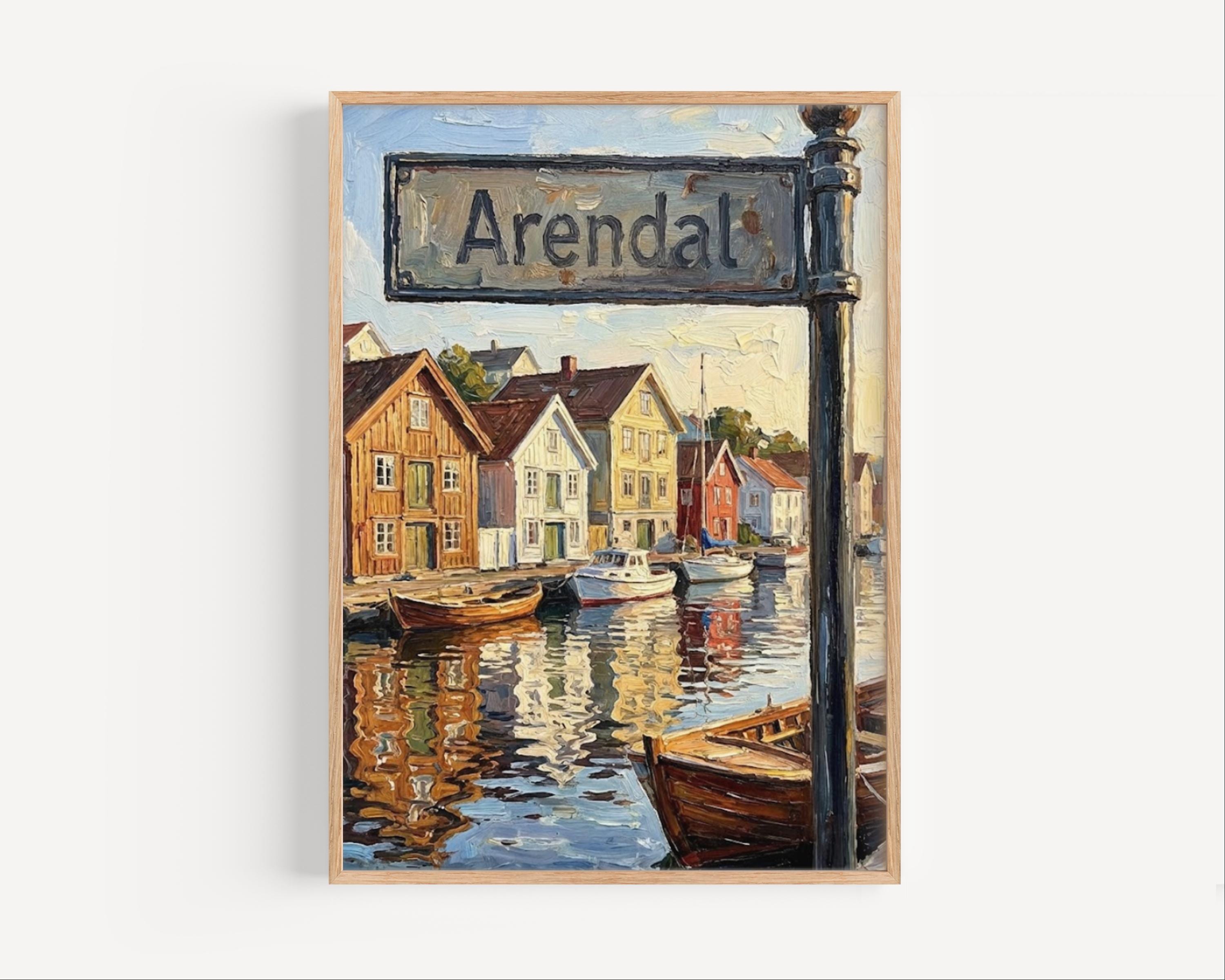 Arendal Oil Painting Art Print: Norway Coastal Street Sign Travel Poster