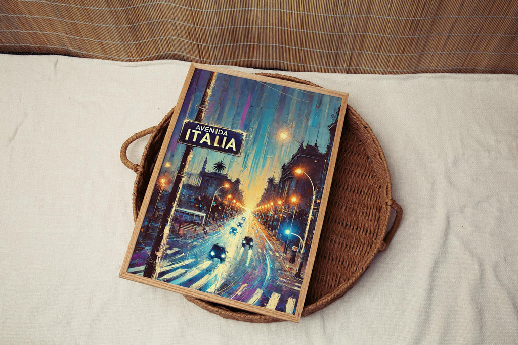 Avenida Italia Oil Painting Art Print: Montevideo Uruguay Street Sign Travel Poster