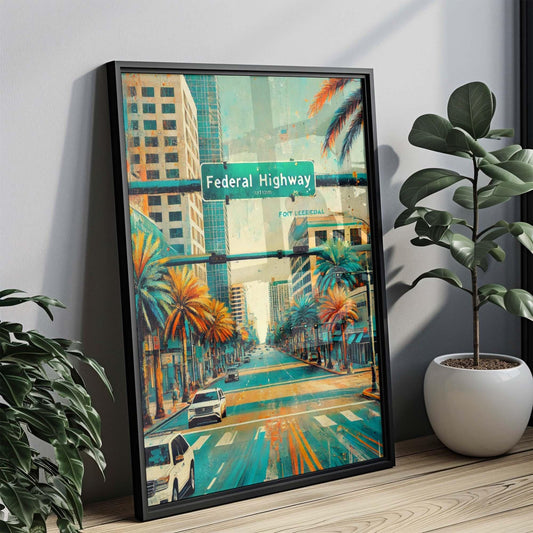 Federal Highway Wall Art Print - Fort Lauderdale Florida Travel Poster, FL Gift, Housewarming Decor, Scenic Road Map Illustration