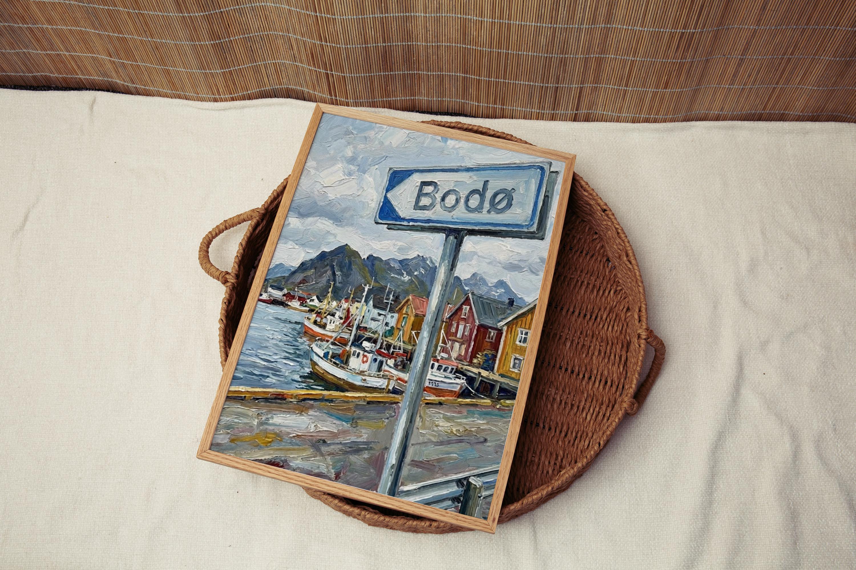 Bodø Oil Painting Art Print: Norway Arctic Street Sign Travel Poster
