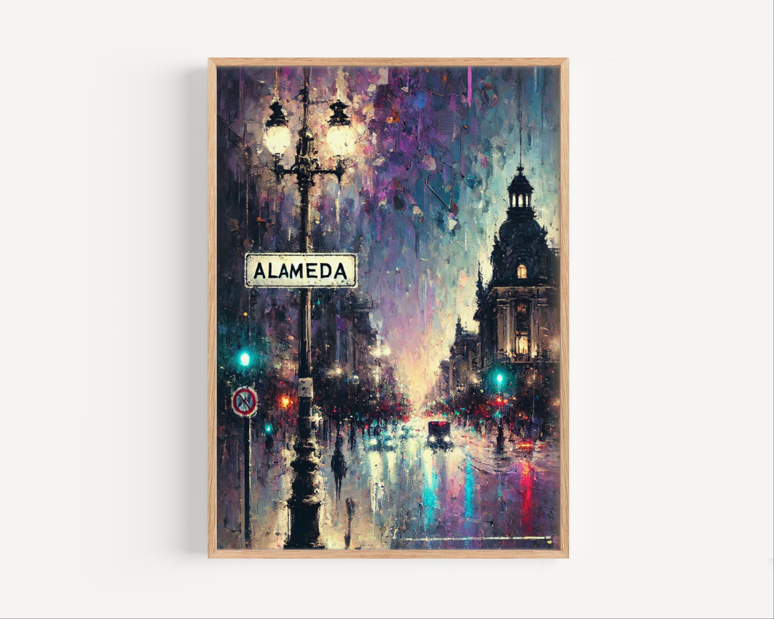 Alameda Oil Painting Art Print: Santiago Chile Street Sign Travel Poster