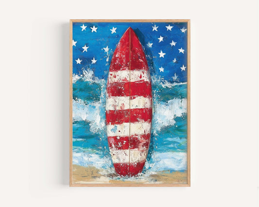 Surfing Artwork USA Wall Art Patriotic Poster Beach House Decor Summer Coastal Wall Art United States Home Decor