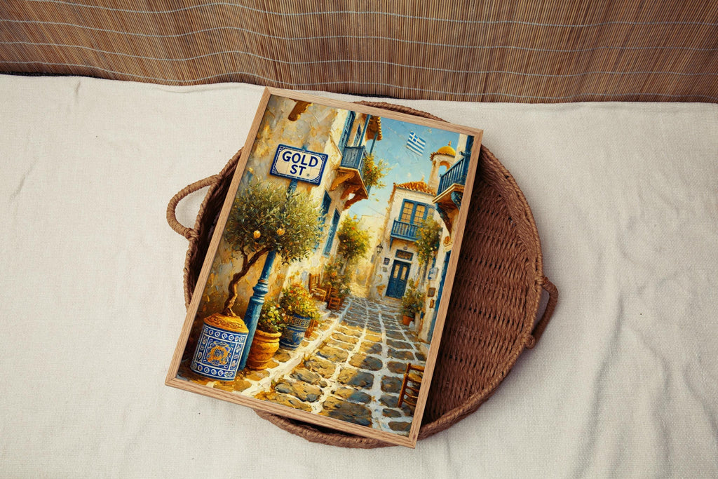 Gold Street Oil Painting Art Print: Athens Greece Street Sign Travel Poster
