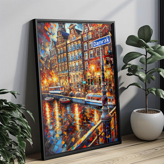 Damrak Wall Art Print – Amsterdam Travel Poster, Netherlands Gift & Housewarming Decor, Dutch Cityscape Illustration