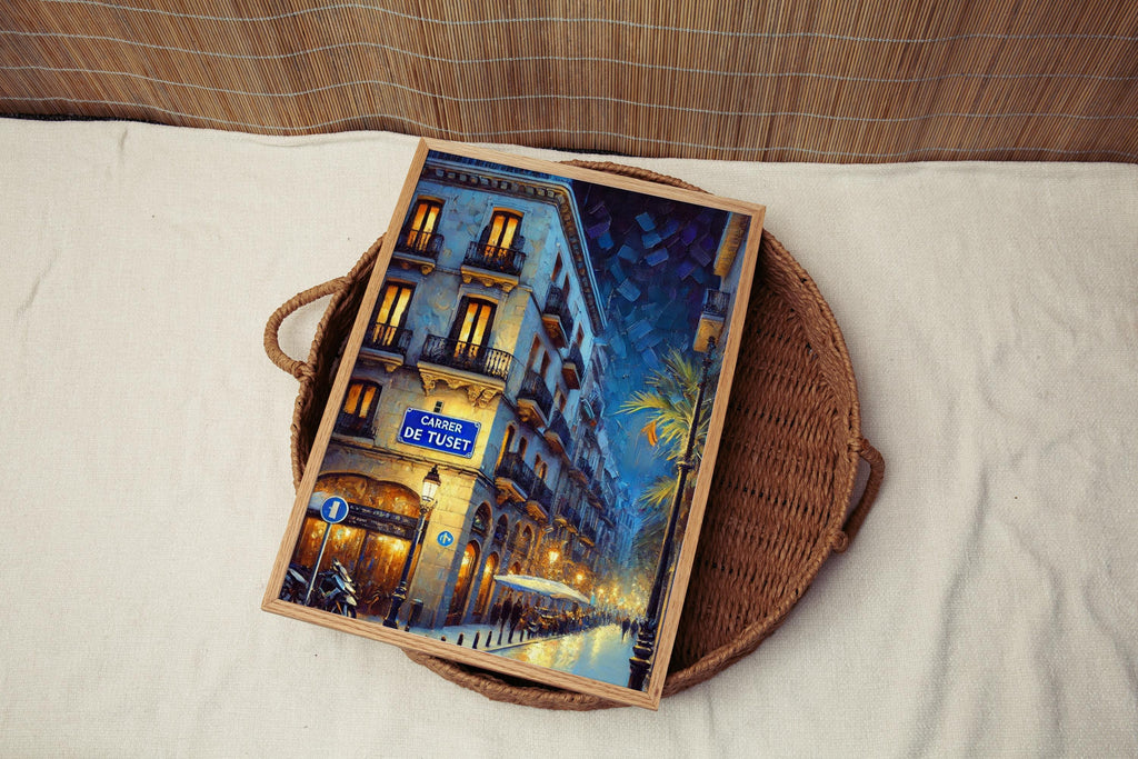 Carrer de Tuset Oil Painting Art Print: Barcelona Spain Street Sign Travel Poster