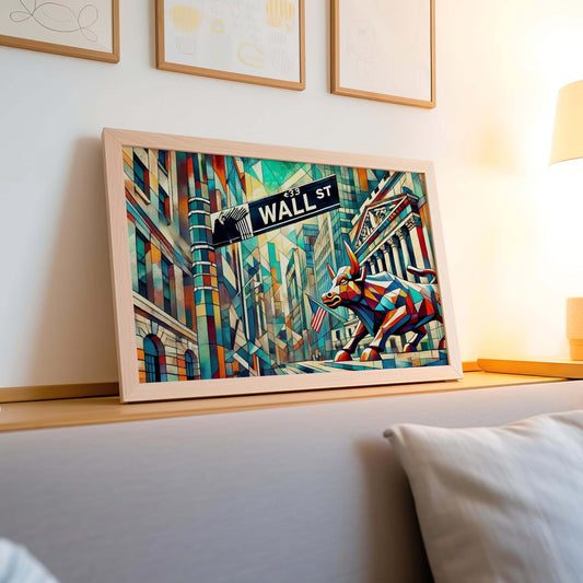 Wall Street Wall Art Cubism Print - Manhattan Financial District Travel Poster, Modern Housewarming Gift, Urban Office Decor